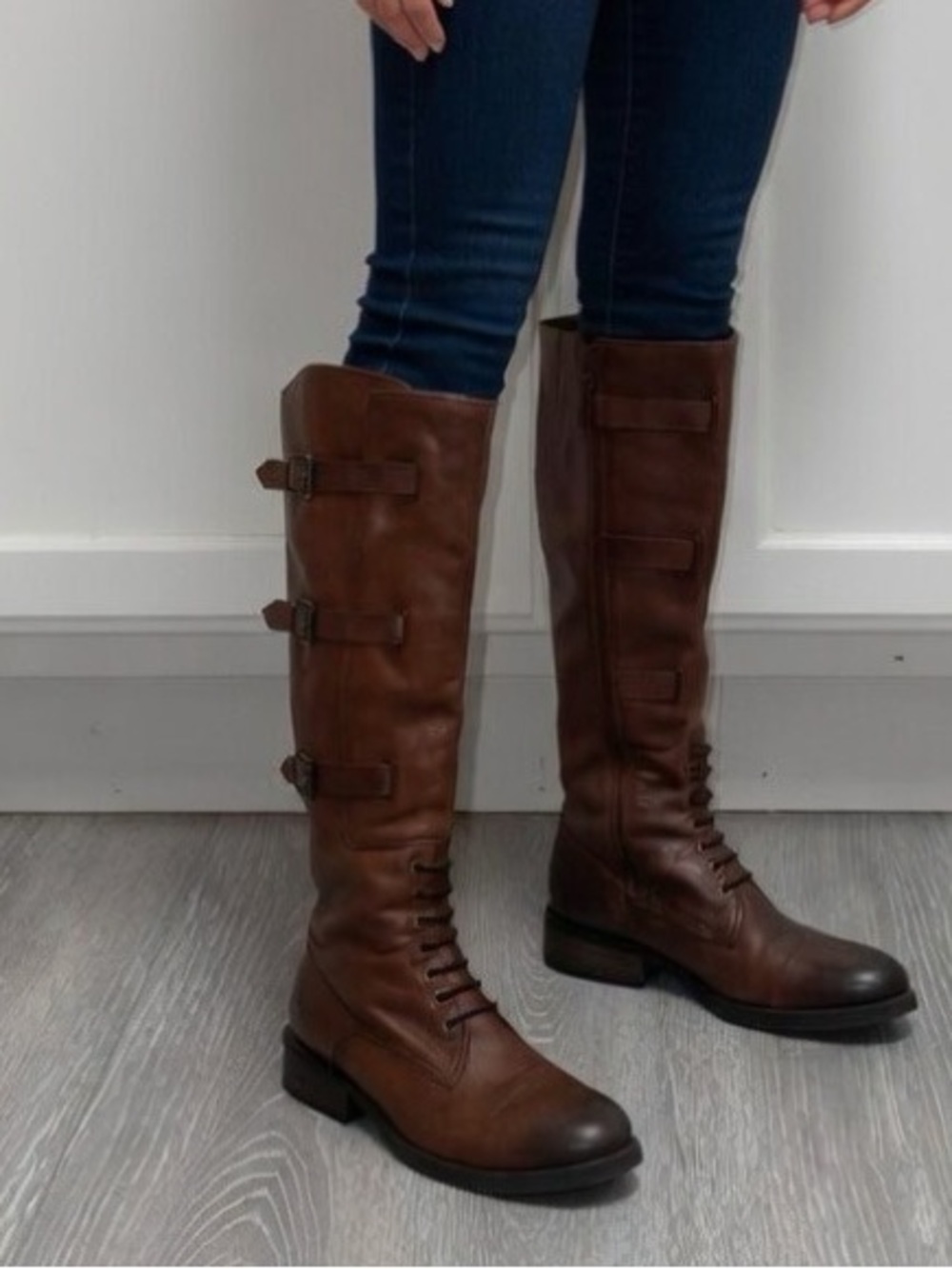 Vince Camuto Fenton Russet Two Tone Brown Leather Knee-High Buckle Riding Boots - Picture 3 of 17